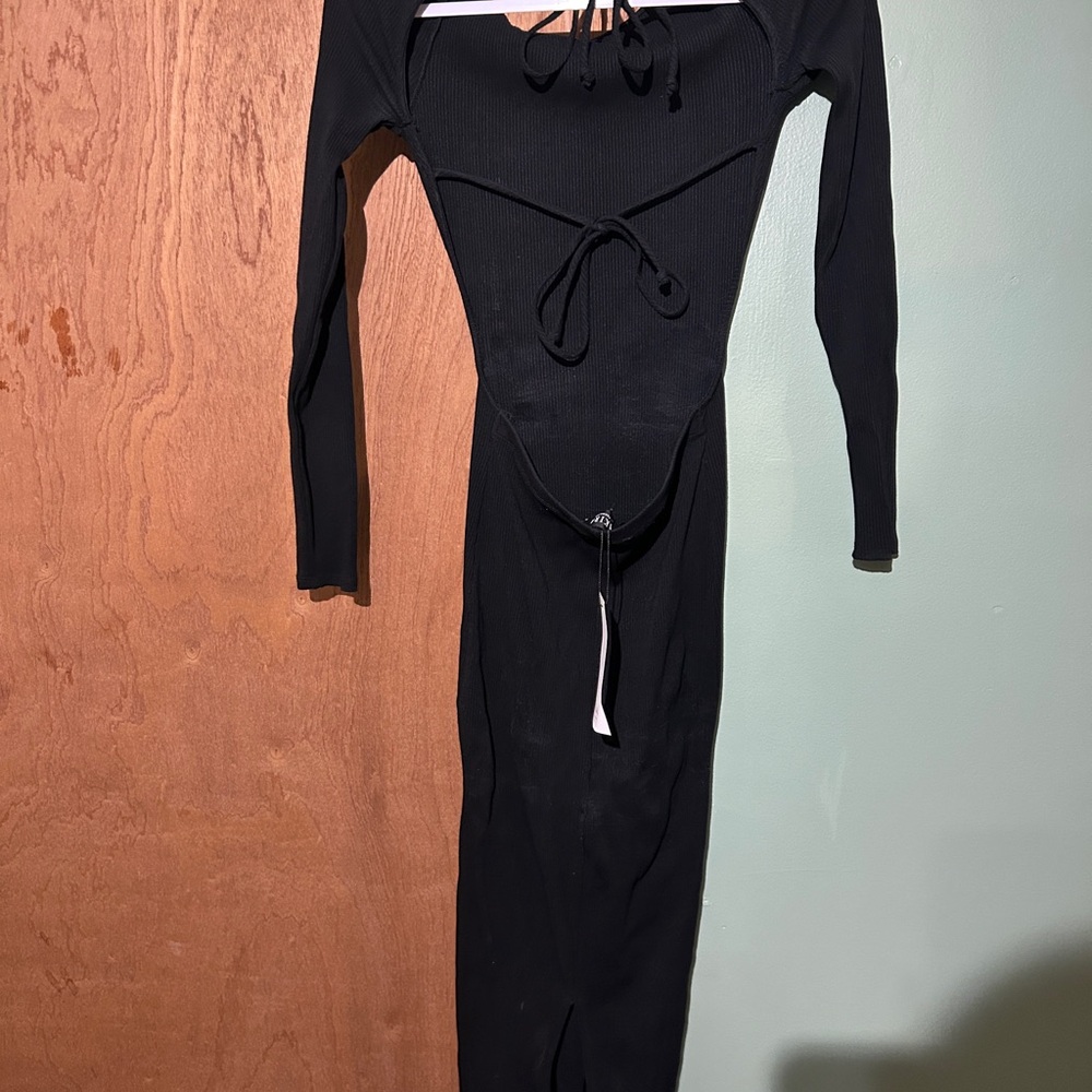 Akira Elegant Black Long Sleeve ribbed Tie Dress